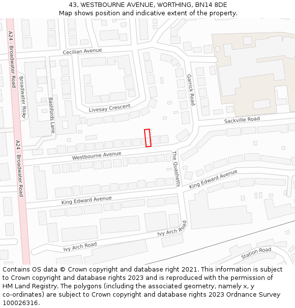 43, WESTBOURNE AVENUE, WORTHING, BN14 8DE: Location map and indicative extent of plot
