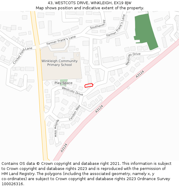 43, WESTCOTS DRIVE, WINKLEIGH, EX19 8JW: Location map and indicative extent of plot