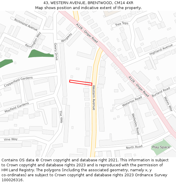 43, WESTERN AVENUE, BRENTWOOD, CM14 4XR: Location map and indicative extent of plot