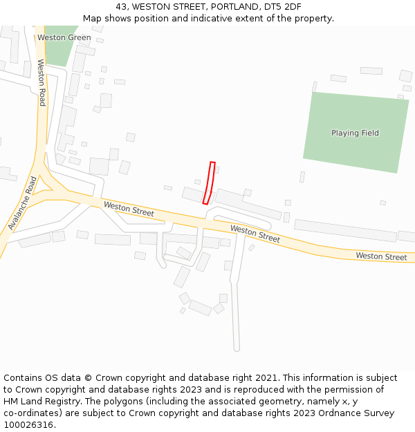 43, WESTON STREET, PORTLAND, DT5 2DF: Location map and indicative extent of plot