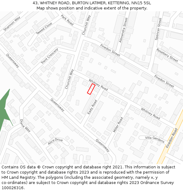 43, WHITNEY ROAD, BURTON LATIMER, KETTERING, NN15 5SL: Location map and indicative extent of plot