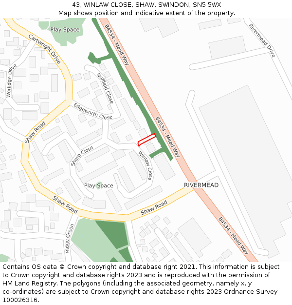 43, WINLAW CLOSE, SHAW, SWINDON, SN5 5WX: Location map and indicative extent of plot