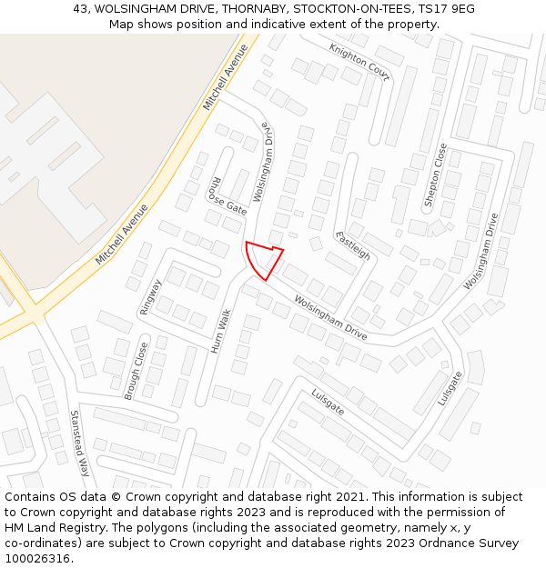 43, WOLSINGHAM DRIVE, THORNABY, STOCKTON-ON-TEES, TS17 9EG: Location map and indicative extent of plot