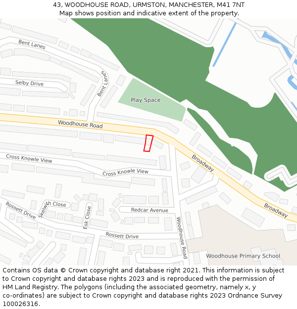 43, WOODHOUSE ROAD, URMSTON, MANCHESTER, M41 7NT: Location map and indicative extent of plot