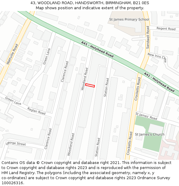 43, WOODLAND ROAD, HANDSWORTH, BIRMINGHAM, B21 0ES: Location map and indicative extent of plot