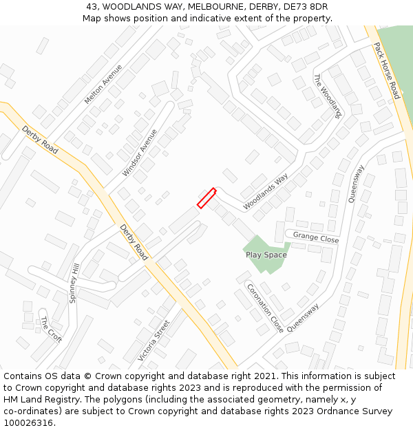 43, WOODLANDS WAY, MELBOURNE, DERBY, DE73 8DR: Location map and indicative extent of plot