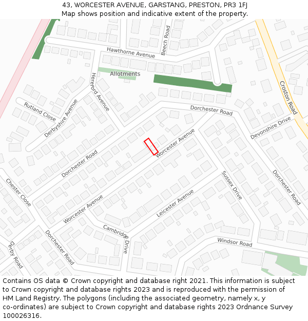 43, WORCESTER AVENUE, GARSTANG, PRESTON, PR3 1FJ: Location map and indicative extent of plot