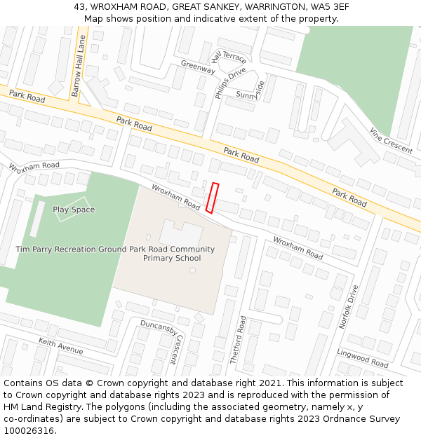 43, WROXHAM ROAD, GREAT SANKEY, WARRINGTON, WA5 3EF: Location map and indicative extent of plot