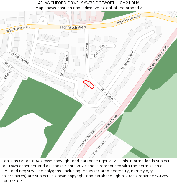 43, WYCHFORD DRIVE, SAWBRIDGEWORTH, CM21 0HA: Location map and indicative extent of plot
