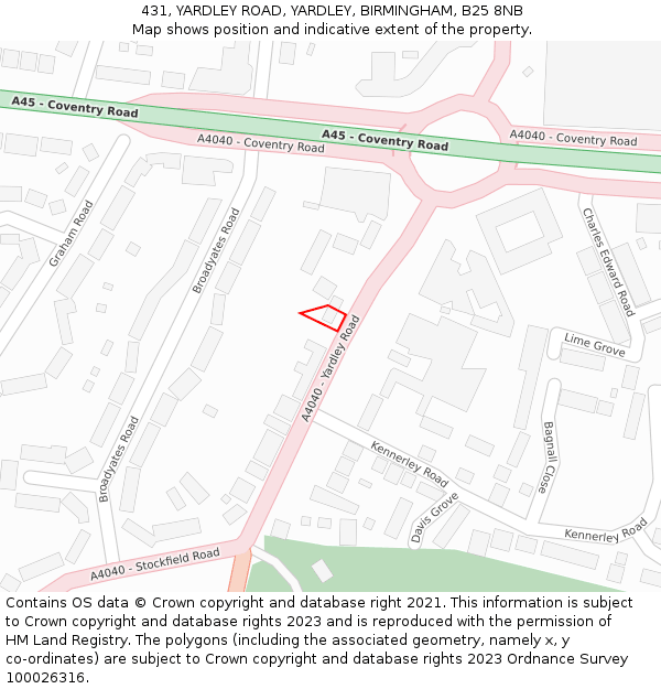 431, YARDLEY ROAD, YARDLEY, BIRMINGHAM, B25 8NB: Location map and indicative extent of plot