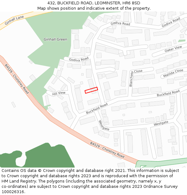 432, BUCKFIELD ROAD, LEOMINSTER, HR6 8SD: Location map and indicative extent of plot