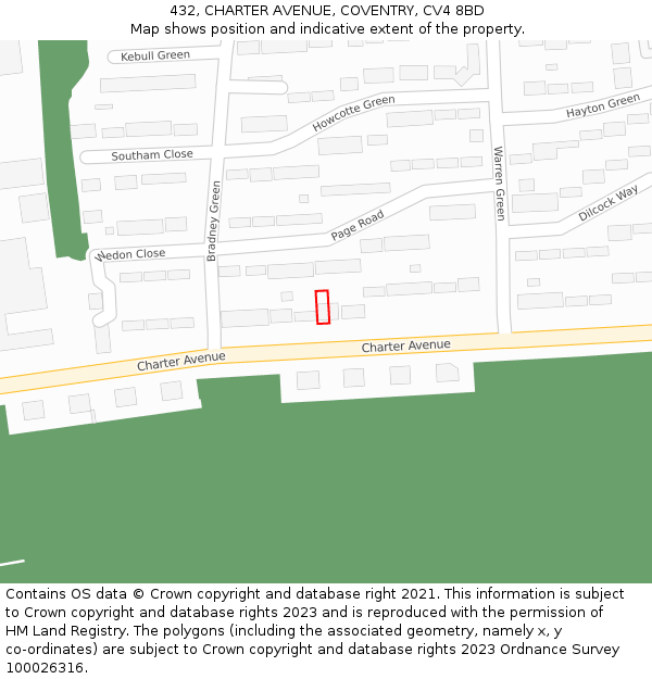 432, CHARTER AVENUE, COVENTRY, CV4 8BD: Location map and indicative extent of plot