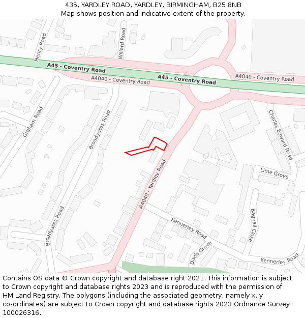 435, YARDLEY ROAD, YARDLEY, BIRMINGHAM, B25 8NB: Location map and indicative extent of plot