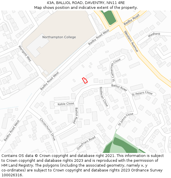 43A, BALLIOL ROAD, DAVENTRY, NN11 4RE: Location map and indicative extent of plot