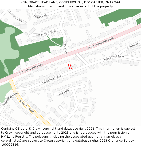 43A, DRAKE HEAD LANE, CONISBROUGH, DONCASTER, DN12 2AA: Location map and indicative extent of plot