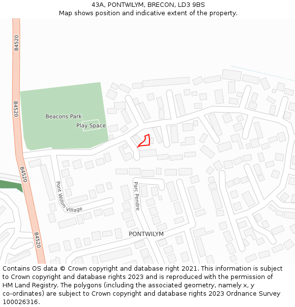 43A, PONTWILYM, BRECON, LD3 9BS: Location map and indicative extent of plot