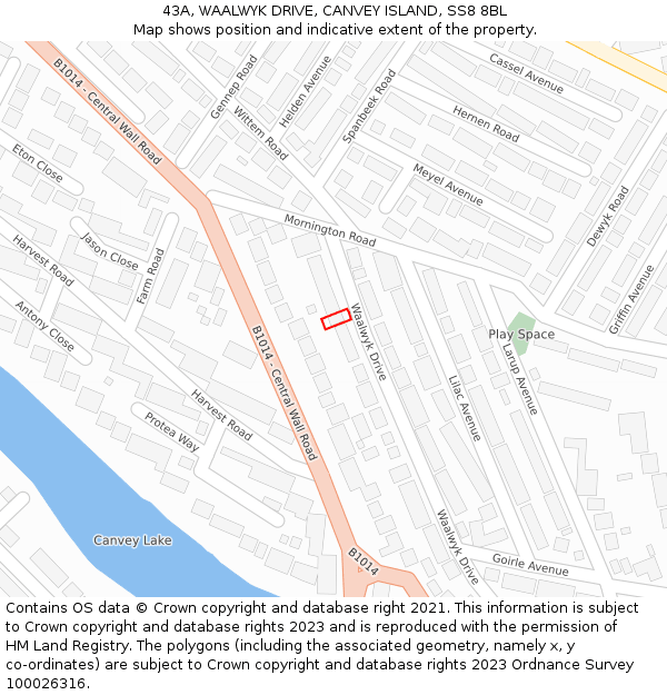 43A, WAALWYK DRIVE, CANVEY ISLAND, SS8 8BL: Location map and indicative extent of plot
