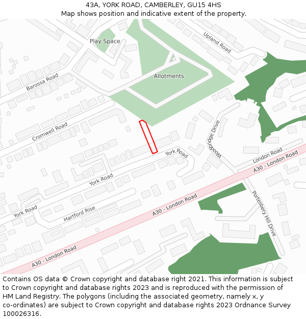 43A, YORK ROAD, CAMBERLEY, GU15 4HS: Location map and indicative extent of plot