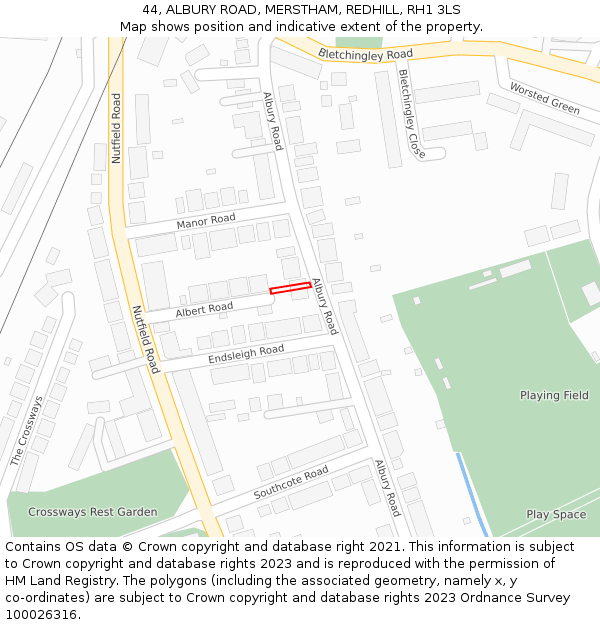 44, ALBURY ROAD, MERSTHAM, REDHILL, RH1 3LS: Location map and indicative extent of plot