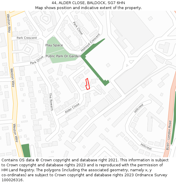 44, ALDER CLOSE, BALDOCK, SG7 6HN: Location map and indicative extent of plot