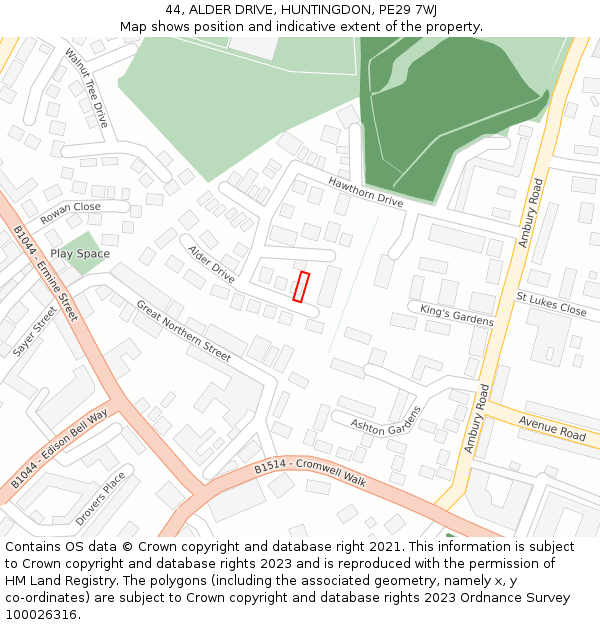 44, ALDER DRIVE, HUNTINGDON, PE29 7WJ: Location map and indicative extent of plot