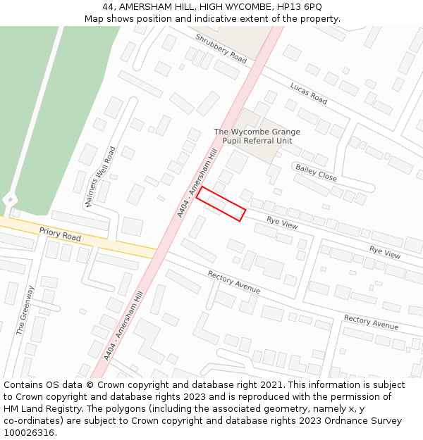 44, AMERSHAM HILL, HIGH WYCOMBE, HP13 6PQ: Location map and indicative extent of plot