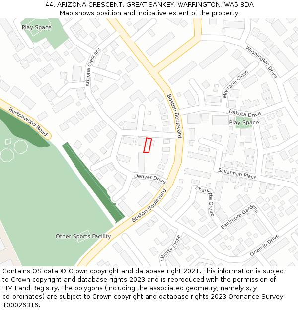 44, ARIZONA CRESCENT, GREAT SANKEY, WARRINGTON, WA5 8DA: Location map and indicative extent of plot