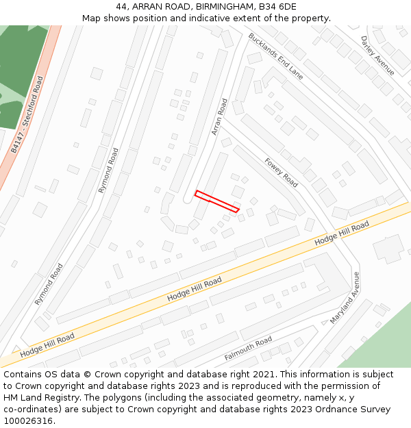 44, ARRAN ROAD, BIRMINGHAM, B34 6DE: Location map and indicative extent of plot