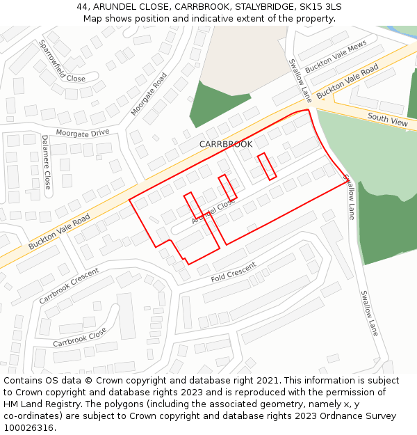 44, ARUNDEL CLOSE, CARRBROOK, STALYBRIDGE, SK15 3LS: Location map and indicative extent of plot