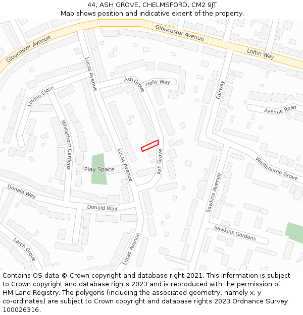 44, ASH GROVE, CHELMSFORD, CM2 9JT: Location map and indicative extent of plot