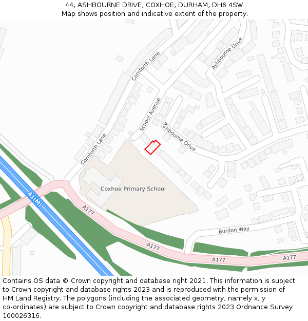 44, ASHBOURNE DRIVE, COXHOE, DURHAM, DH6 4SW: Location map and indicative extent of plot