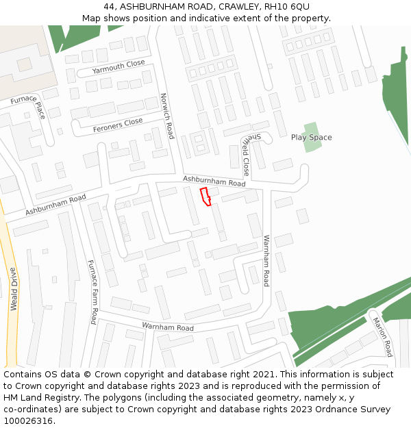 44, ASHBURNHAM ROAD, CRAWLEY, RH10 6QU: Location map and indicative extent of plot