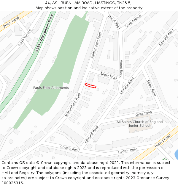 44, ASHBURNHAM ROAD, HASTINGS, TN35 5JL: Location map and indicative extent of plot