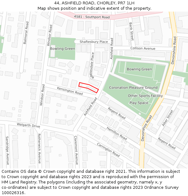 44, ASHFIELD ROAD, CHORLEY, PR7 1LH: Location map and indicative extent of plot
