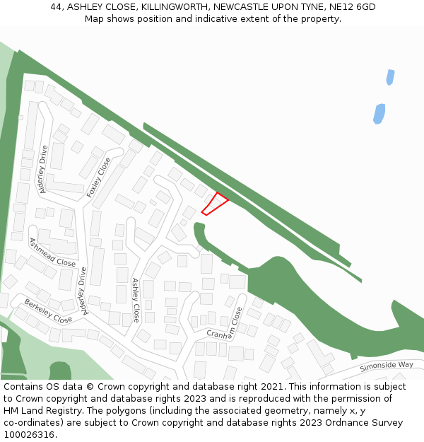 44, ASHLEY CLOSE, KILLINGWORTH, NEWCASTLE UPON TYNE, NE12 6GD: Location map and indicative extent of plot