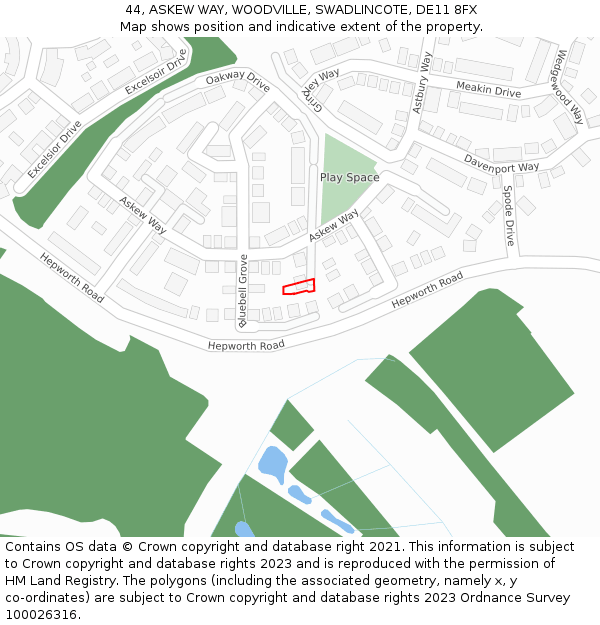 44, ASKEW WAY, WOODVILLE, SWADLINCOTE, DE11 8FX: Location map and indicative extent of plot