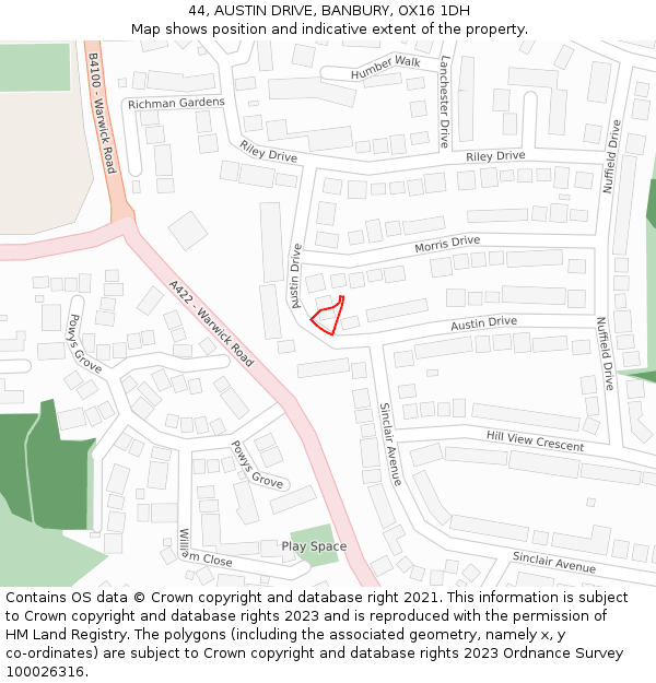 44, AUSTIN DRIVE, BANBURY, OX16 1DH: Location map and indicative extent of plot