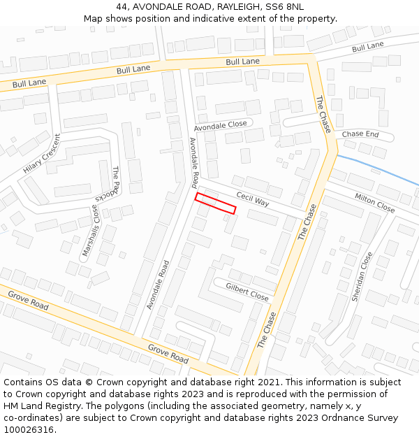 44, AVONDALE ROAD, RAYLEIGH, SS6 8NL: Location map and indicative extent of plot