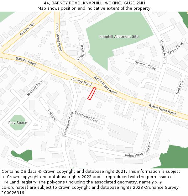 44, BARNBY ROAD, KNAPHILL, WOKING, GU21 2NH: Location map and indicative extent of plot