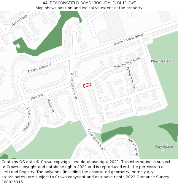 44, BEACONSFIELD ROAD, ROCHDALE, OL11 2WE: Location map and indicative extent of plot