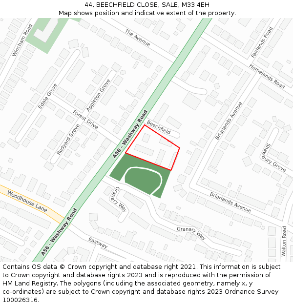 44, BEECHFIELD CLOSE, SALE, M33 4EH: Location map and indicative extent of plot