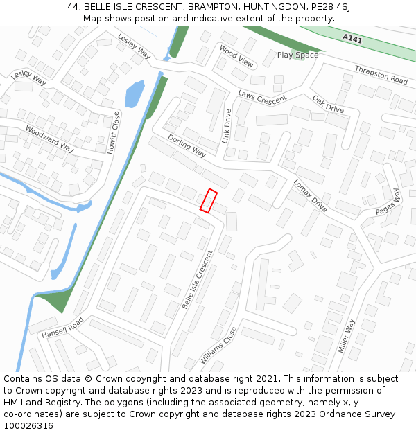 44, BELLE ISLE CRESCENT, BRAMPTON, HUNTINGDON, PE28 4SJ: Location map and indicative extent of plot