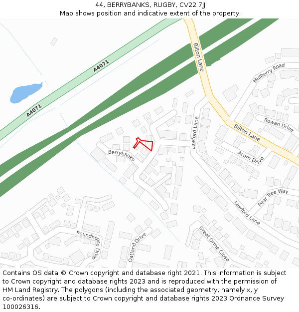 44, BERRYBANKS, RUGBY, CV22 7JJ: Location map and indicative extent of plot