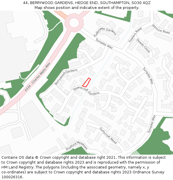 44, BERRYWOOD GARDENS, HEDGE END, SOUTHAMPTON, SO30 4QZ: Location map and indicative extent of plot