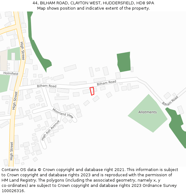 44, BILHAM ROAD, CLAYTON WEST, HUDDERSFIELD, HD8 9PA: Location map and indicative extent of plot