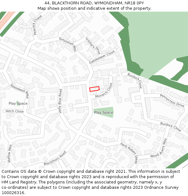 44, BLACKTHORN ROAD, WYMONDHAM, NR18 0PY: Location map and indicative extent of plot
