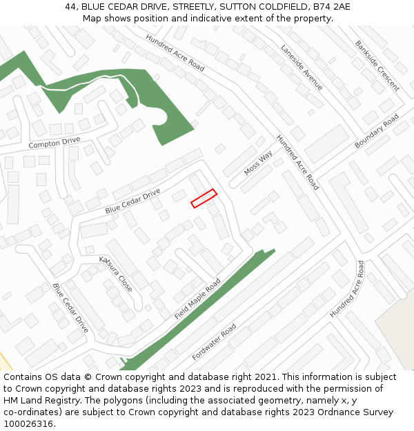 44, BLUE CEDAR DRIVE, STREETLY, SUTTON COLDFIELD, B74 2AE: Location map and indicative extent of plot