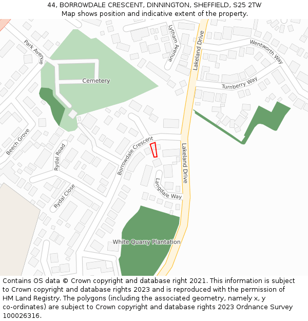 44, BORROWDALE CRESCENT, DINNINGTON, SHEFFIELD, S25 2TW: Location map and indicative extent of plot