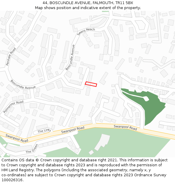 44, BOSCUNDLE AVENUE, FALMOUTH, TR11 5BX: Location map and indicative extent of plot