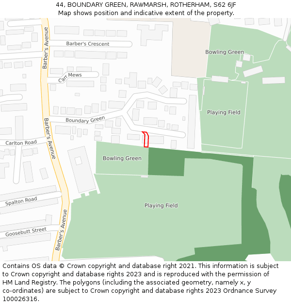 44, BOUNDARY GREEN, RAWMARSH, ROTHERHAM, S62 6JF: Location map and indicative extent of plot